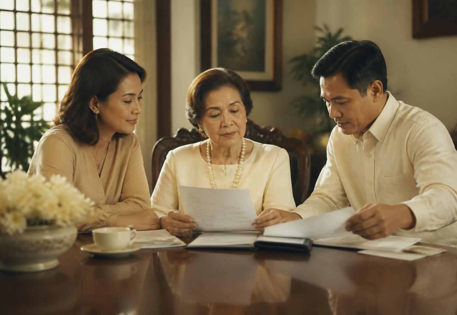 A family reading printed planning guides together at a dining table